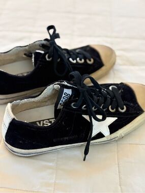 Golden Goose Black Velvet Sneakers with White Star and Tan Toe